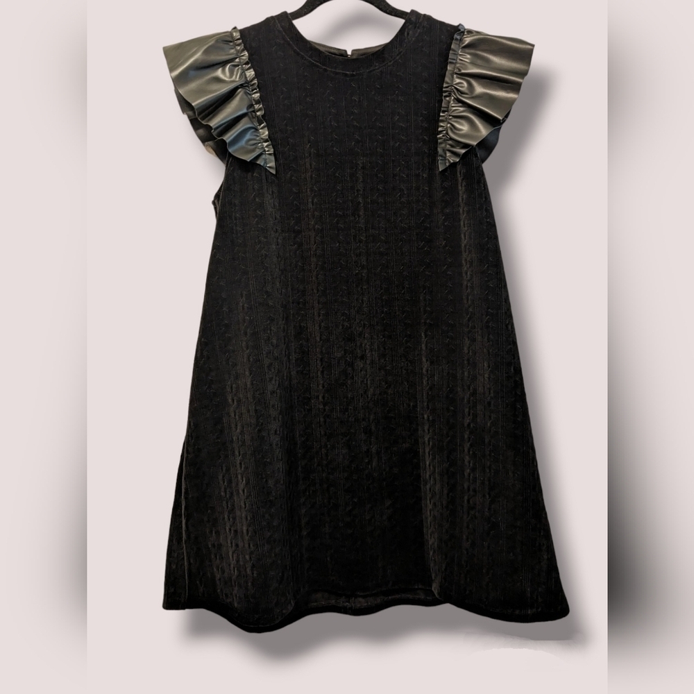 Voy Black Chenille Ruffle Sleeve A-Line Midi Dress Formal Evening Goth